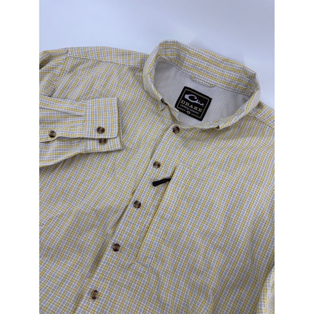Drake Waterfowl Button Down Mens Medium Yellow Plaid Excellent‎ Vented Fishing